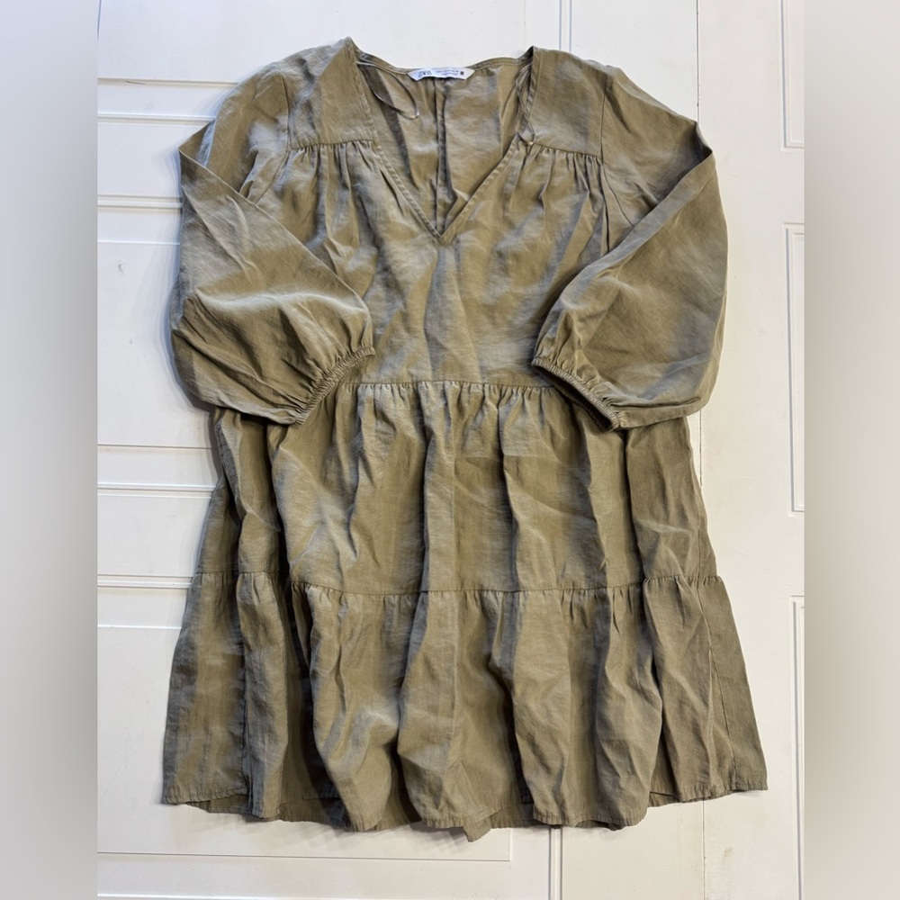 Zara Size Small Tiered Babydoll Mini Dress Brown Tan Long Sleeve Minimalist Boho